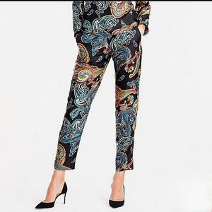 J. Crew Silk Black Paisley Print Pull On Drawstring Cropped Pants Boho Classic 4